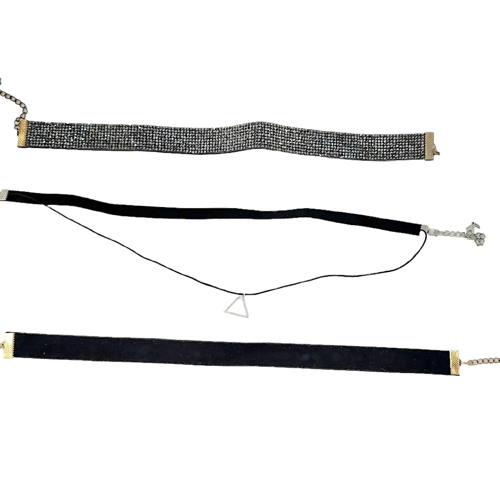 Set of 3 black choker necklaces Rhinestones, Black Velvet, Triangle Pendant